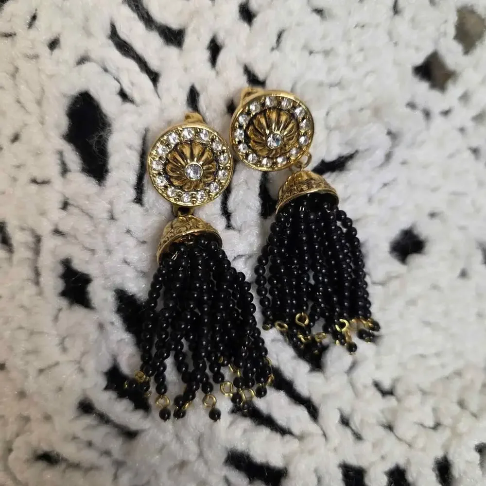 Vintage Avon Black Beaded Tassel Clip-On Earrings Gold Rhinestone Statement